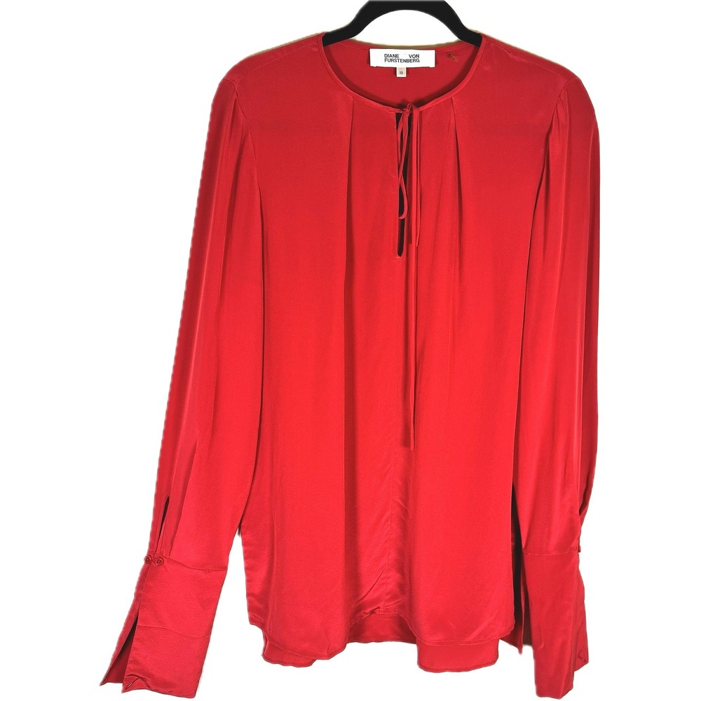 Diane von Furstenberg Silk Blouse Womens 10 Red Tie Neck Long Sleeve Pleated